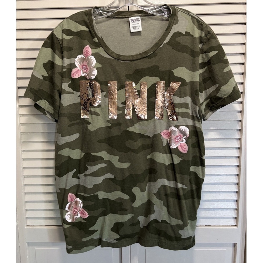 VS PINK Green Camo Round Neck Short Sleeve Top Size L Logo Sequin Graphic Flower
